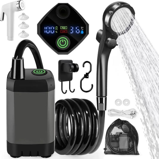 Camping Shower with Temp Display – 6000mAh Rechargeable, Dual Speed