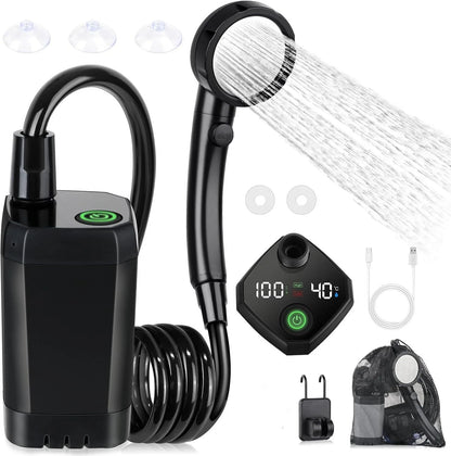 Camping Shower with Temp Display – 6000mAh Rechargeable, Dual Speed