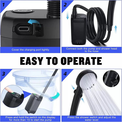 Camping Shower with Temp Display – 6000mAh Rechargeable, Dual Speed